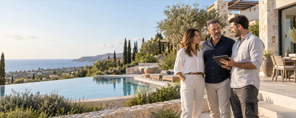 A property consultation on a villa terrace in Cyprus