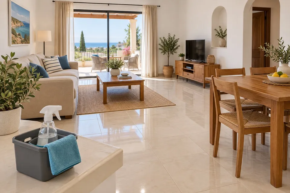 A freshly cleaned living room with tiled floors and a cleaning caddy