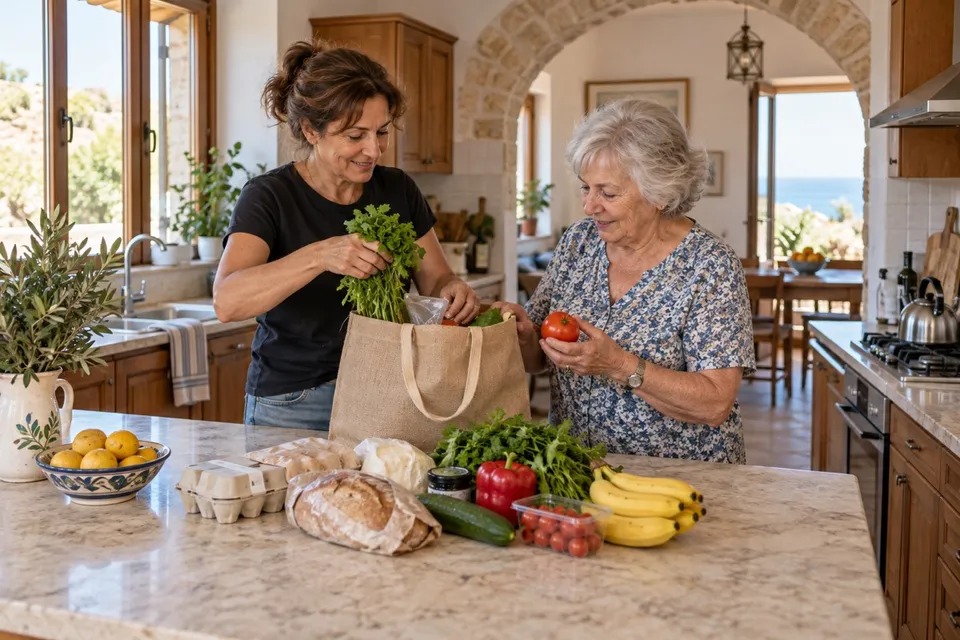 A helper and an older resident unpacking fresh groceries together