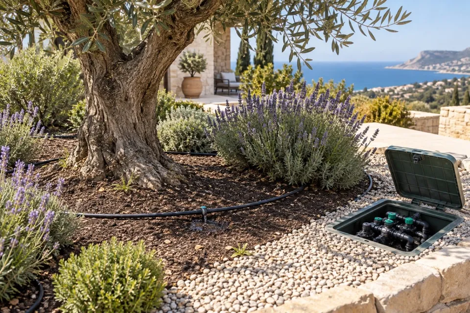 Drip irrigation lines and a valve box beside an olive tree and lavender