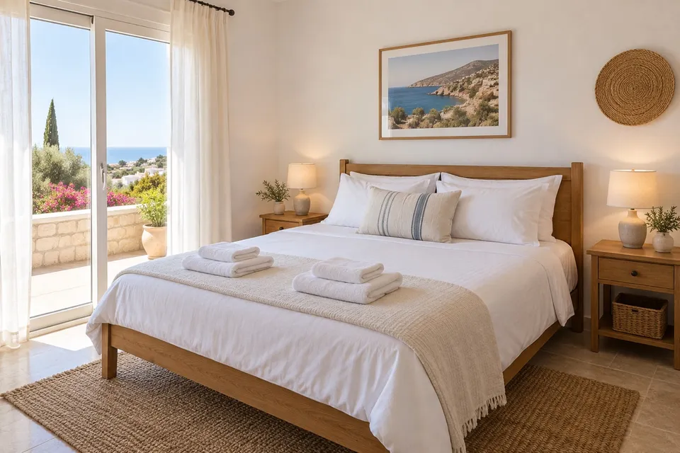 A prepared guest bedroom with fresh white bed linen and folded towels