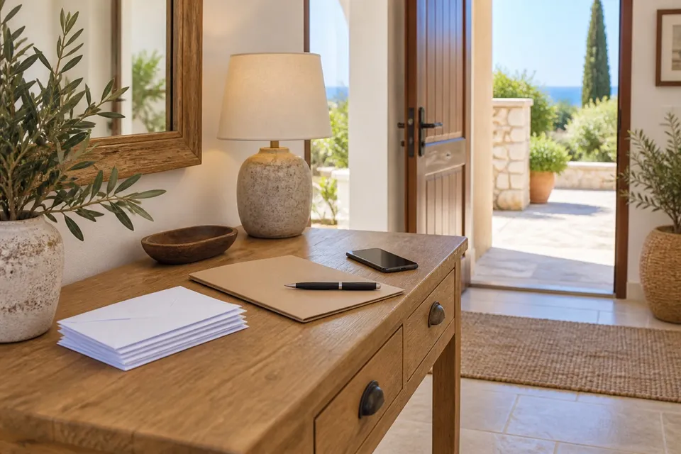 Plain envelopes, a folder and a phone arranged on a home desk
