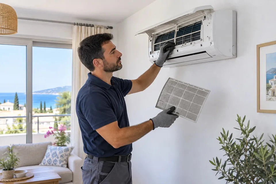 A technician inspecting an open split air conditioner and holding its filter
