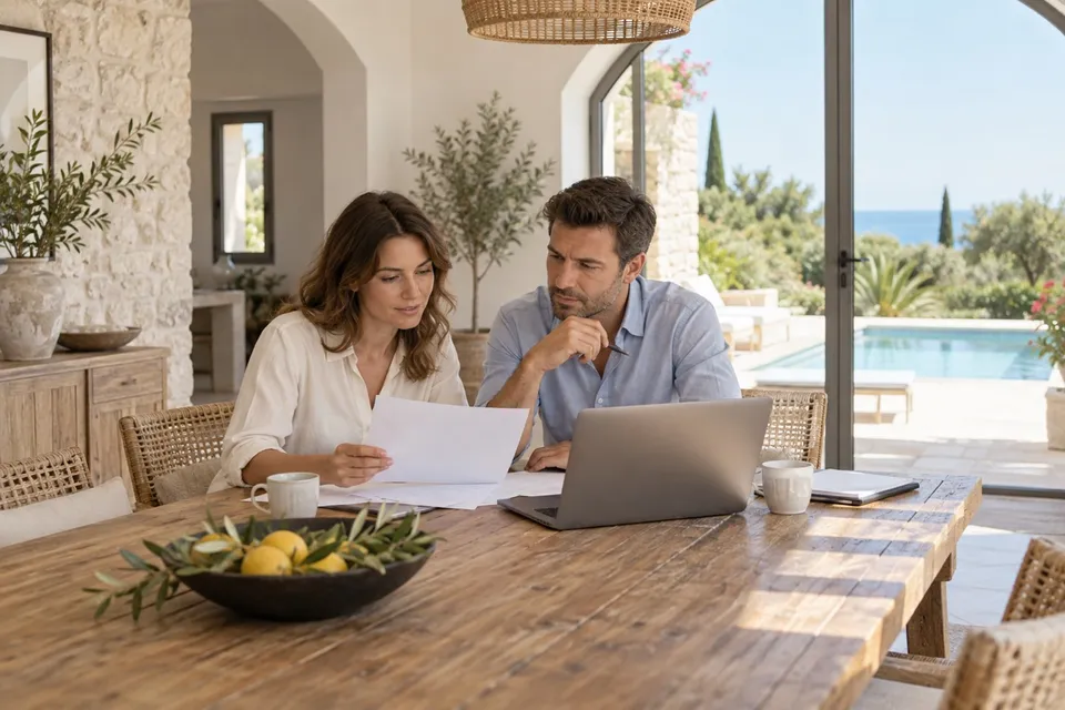 Two people reviewing a property brief at a villa table