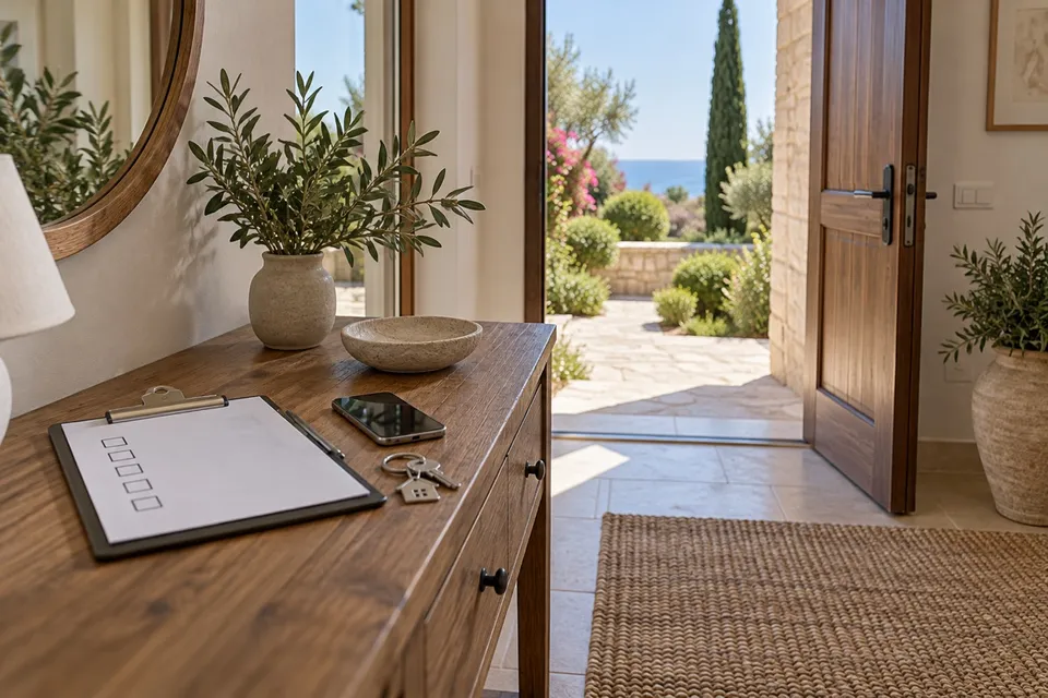 House keys, a phone and a checklist beside an open villa entrance