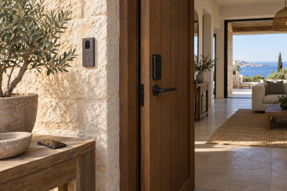 A villa entrance with an electronic door lock, intercom and nearby smartphone