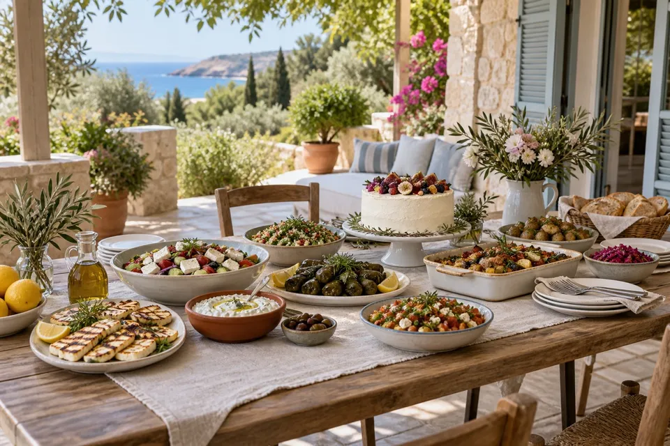 A birthday lunch buffet with Cypriot dishes and a cake on a villa terrace