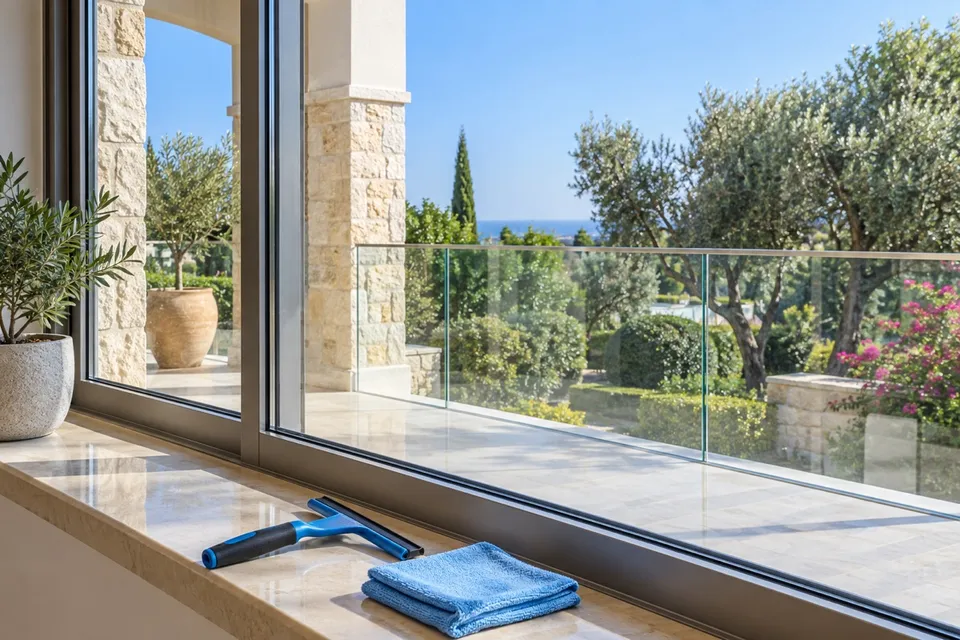 Clean villa windows and a glass balustrade with a squeegee and cloth on the sill