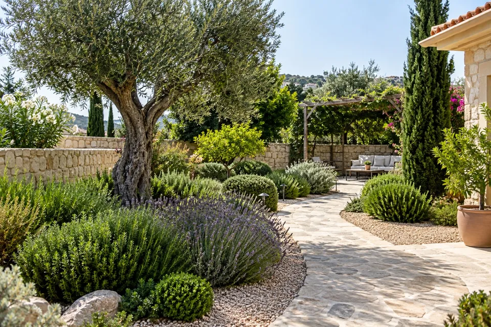 A Mediterranean garden with an olive tree, flowering borders, a limestone path and shaded seating