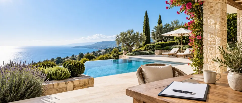 A cared-for villa garden and pool in Cyprus