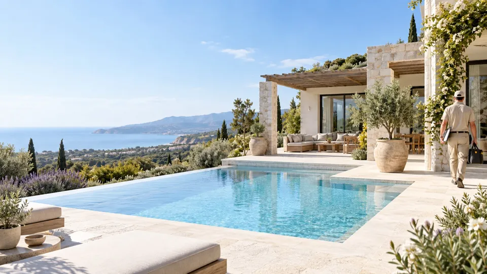 A property service professional arriving at a Cyprus villa