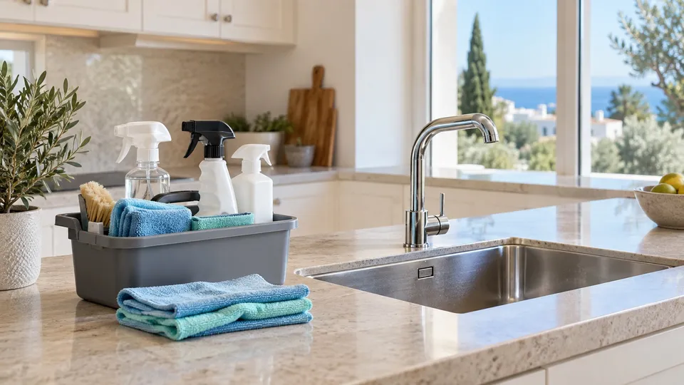Kitchen cleaning with microfiber cloths and cleaning supplies