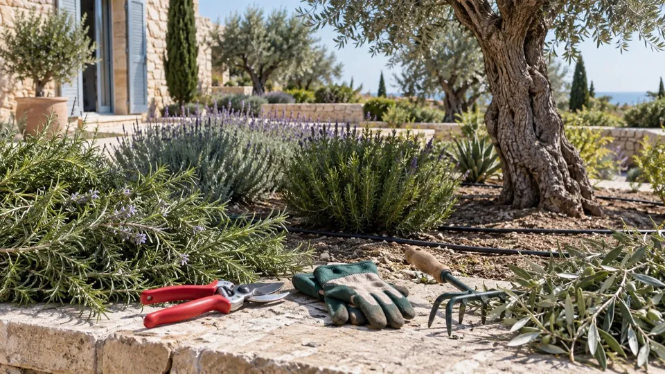 Tools and planting for the care of an established Mediterranean garden