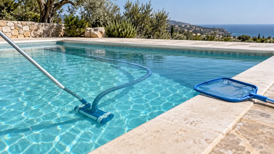 Pool-cleaning equipment and an underwater vacuum at a villa pool