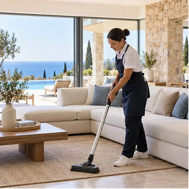 Cleaning the living area of a bright villa