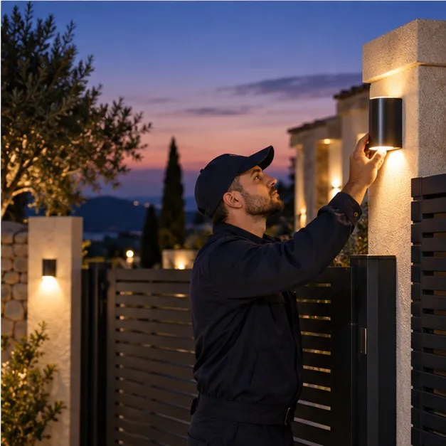 Checking the exterior of a villa in the evening