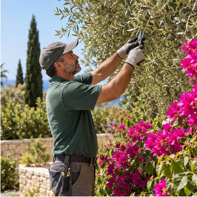 Pruning flowering plants in a Mediterranean garden