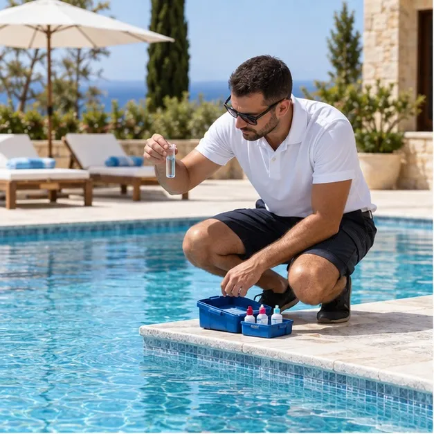 Testing a water sample beside a villa pool